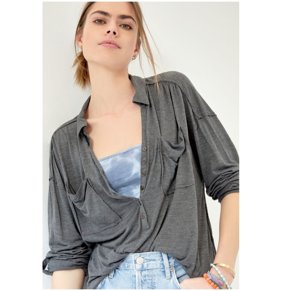 New Anthropologie Pilcro Cooper Draped Henley Top Size Medium Slate Grey Anthro